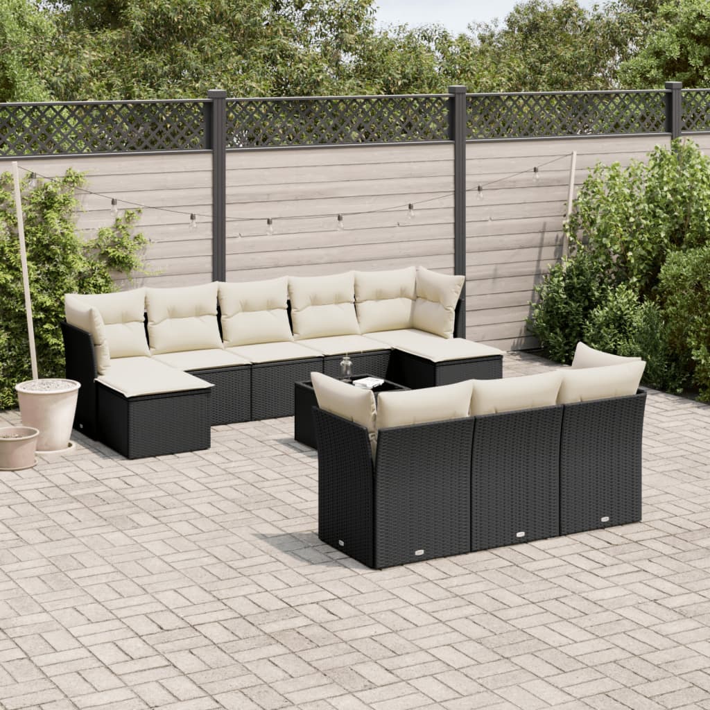 11-delige Loungeset met kussens poly rattan zwart