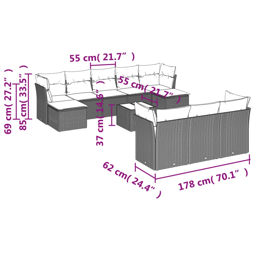 11-delige Loungeset met kussens poly rattan zwart