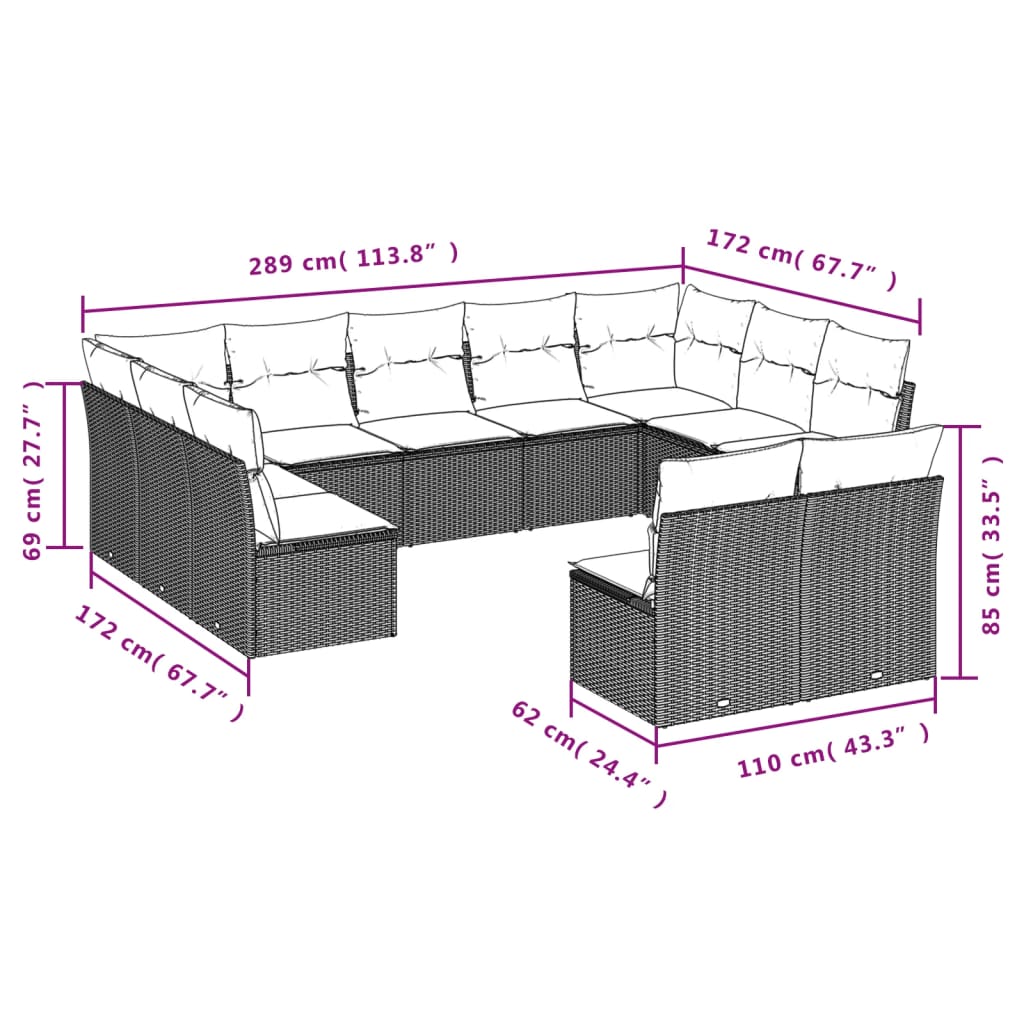 12-delige Loungeset met kussens poly rattan