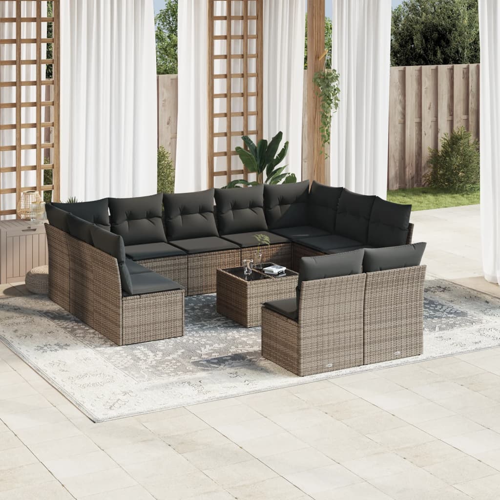 12-delige Loungeset met kussens poly rattan grijs