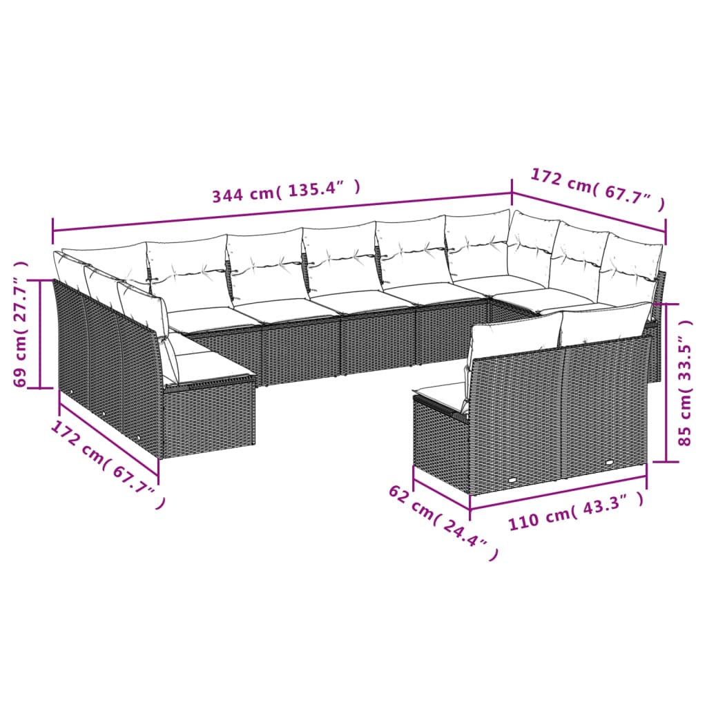 12-delige Loungeset met kussens poly rattan bruin