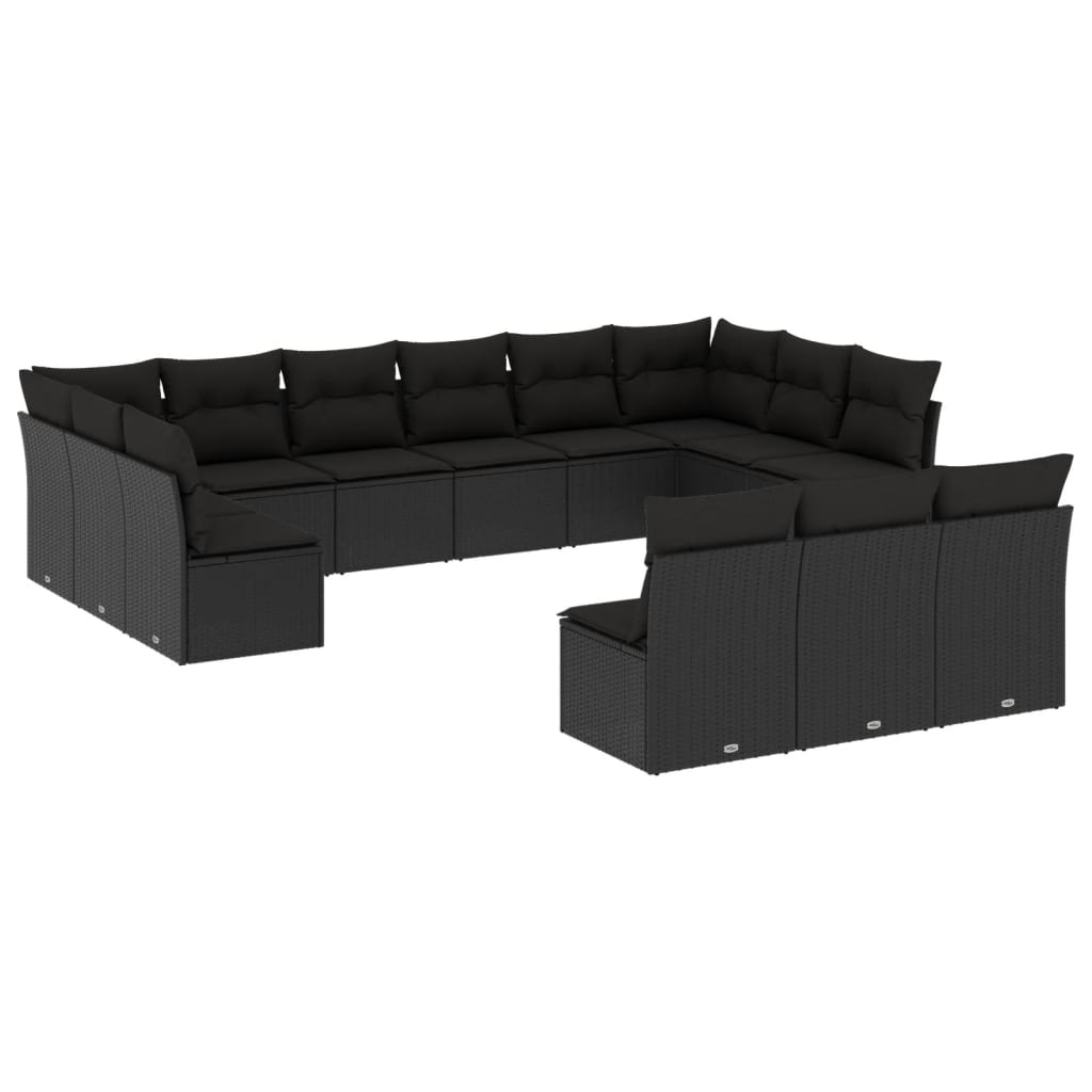 14-delige Loungeset met kussens poly rattan zwart