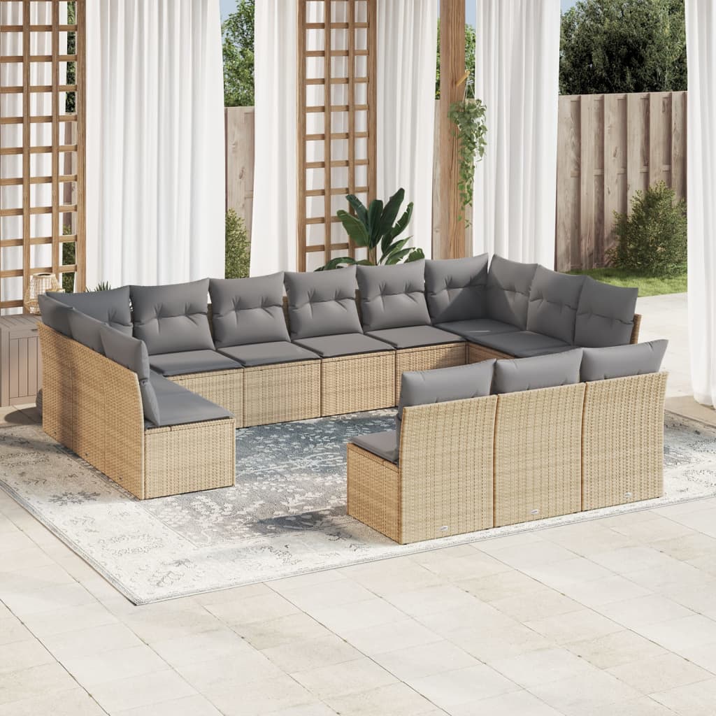 14-delige Loungeset met kussens poly rattan beige