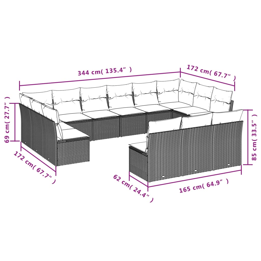 14-delige Loungeset met kussens poly rattan zwart