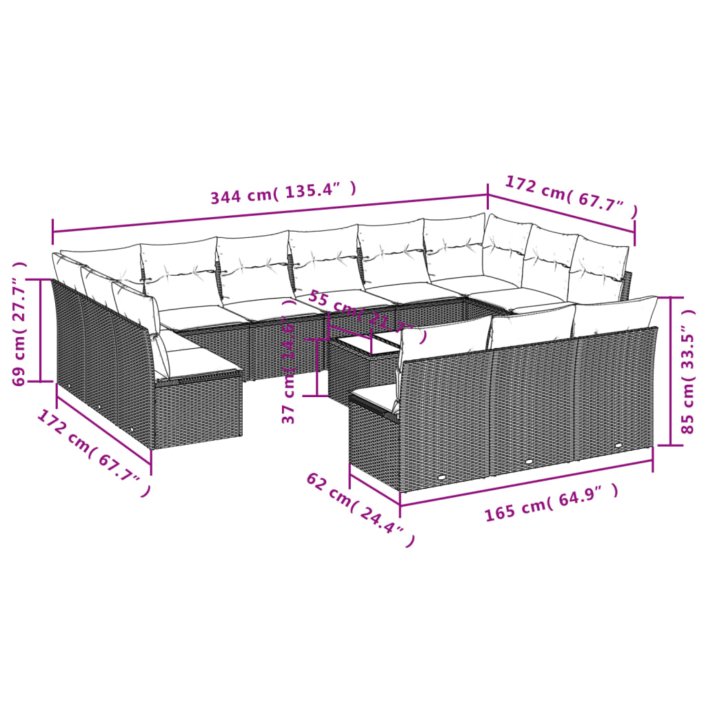 14-delige Loungeset met kussens poly rattan zwart