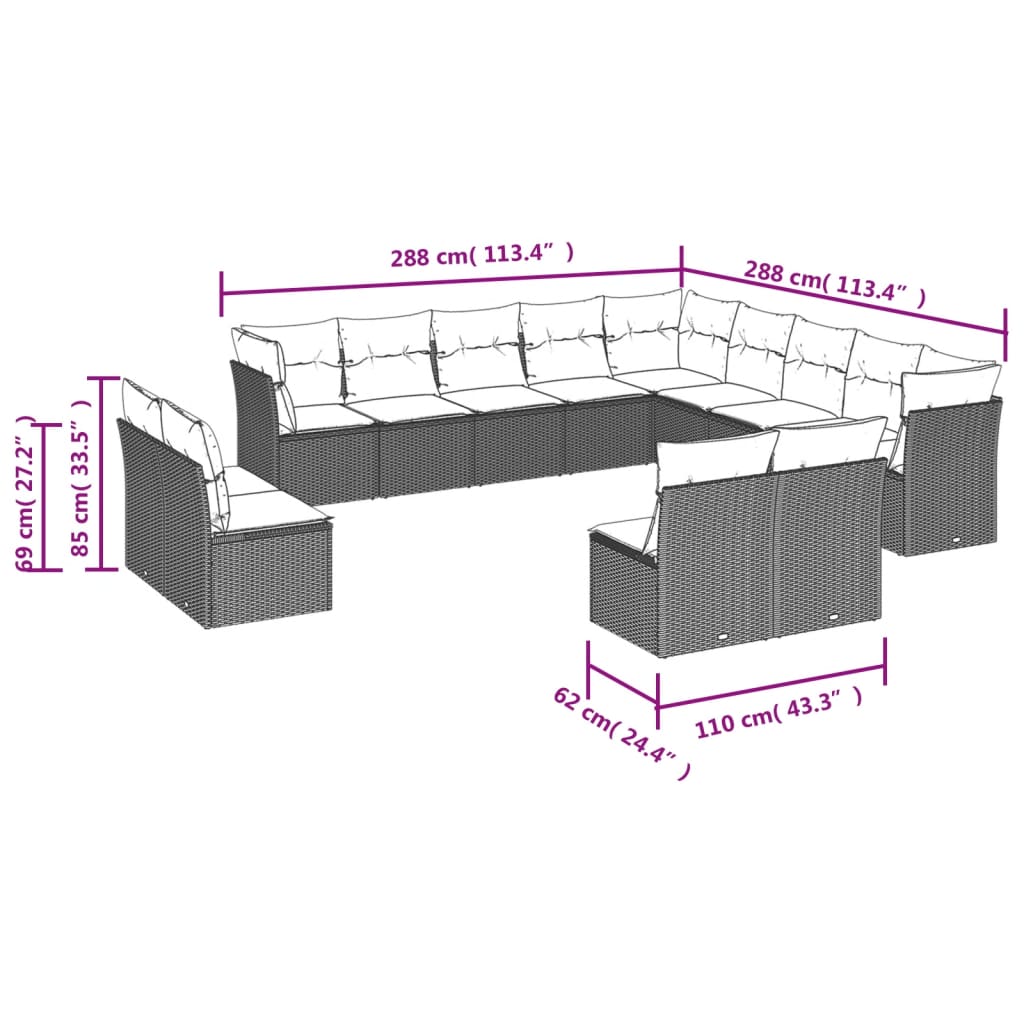 12-delige Loungeset met kussens poly rattan