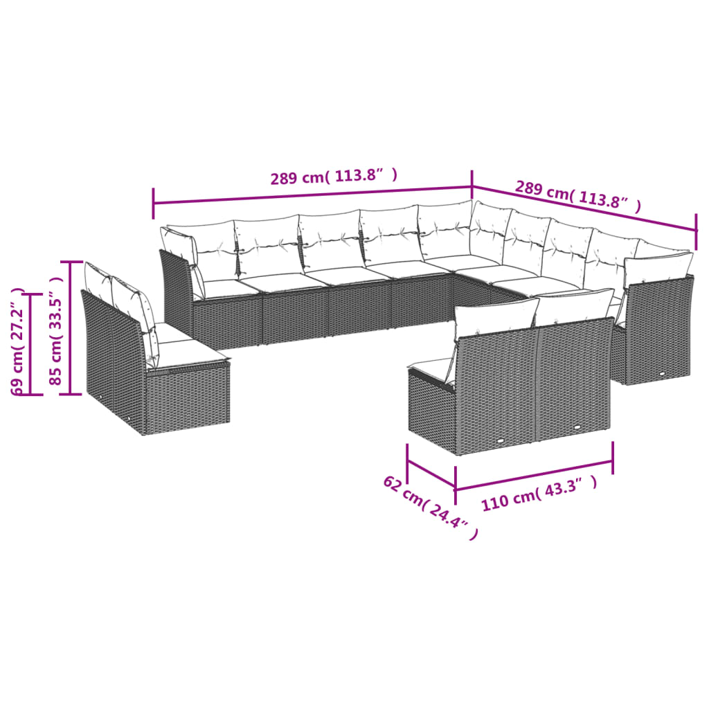 12-delige Loungeset met kussens poly rattan bruin