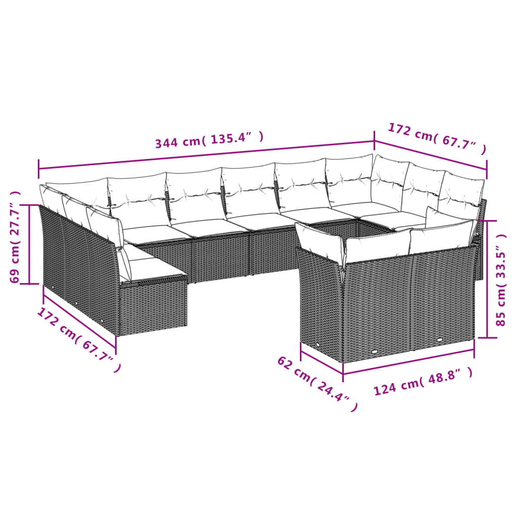 13-delige Loungeset met kussens poly rattan grijs