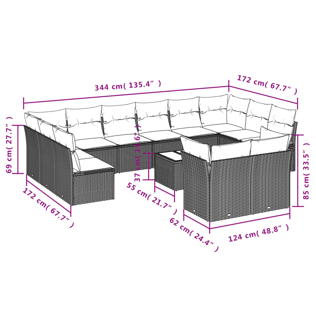 12-delige Loungeset met kussens poly rattan lichtgrijs