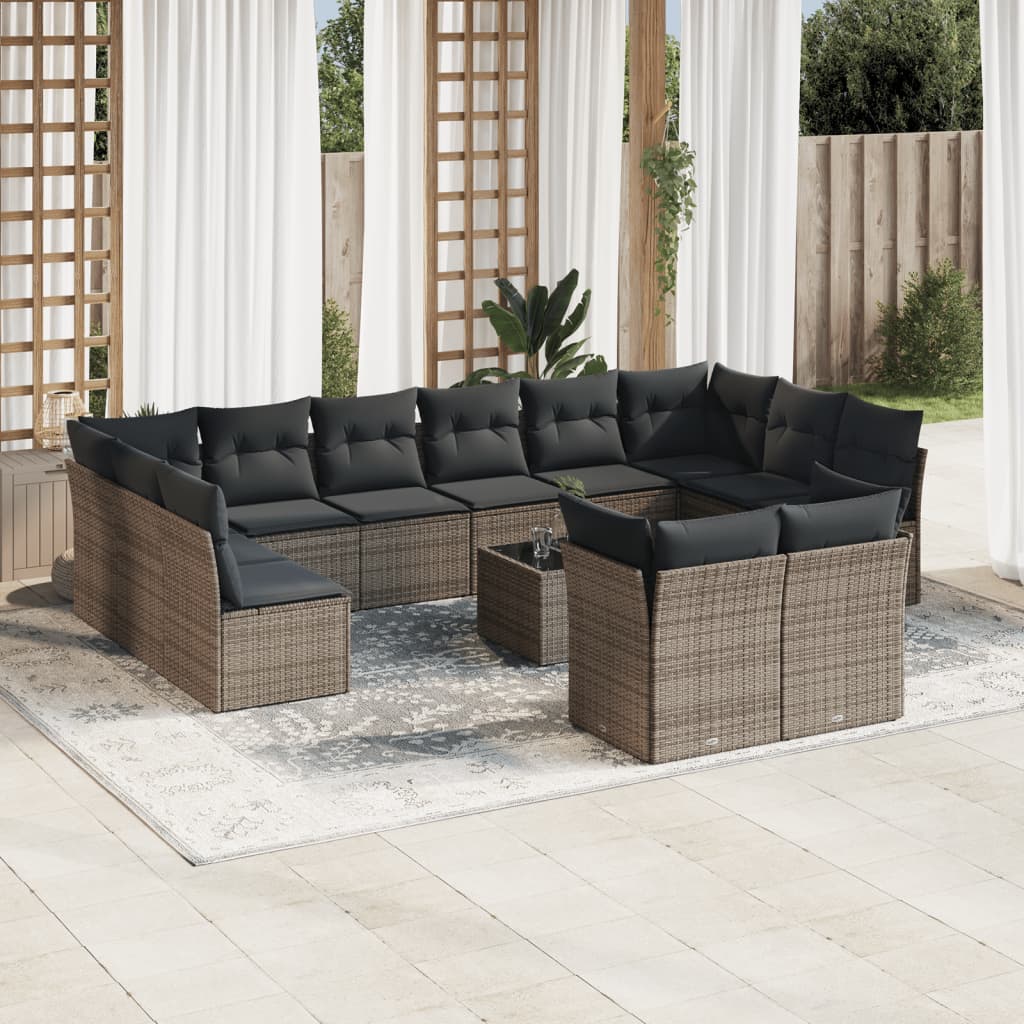 13-delige Loungeset met kussens poly rattan grijs