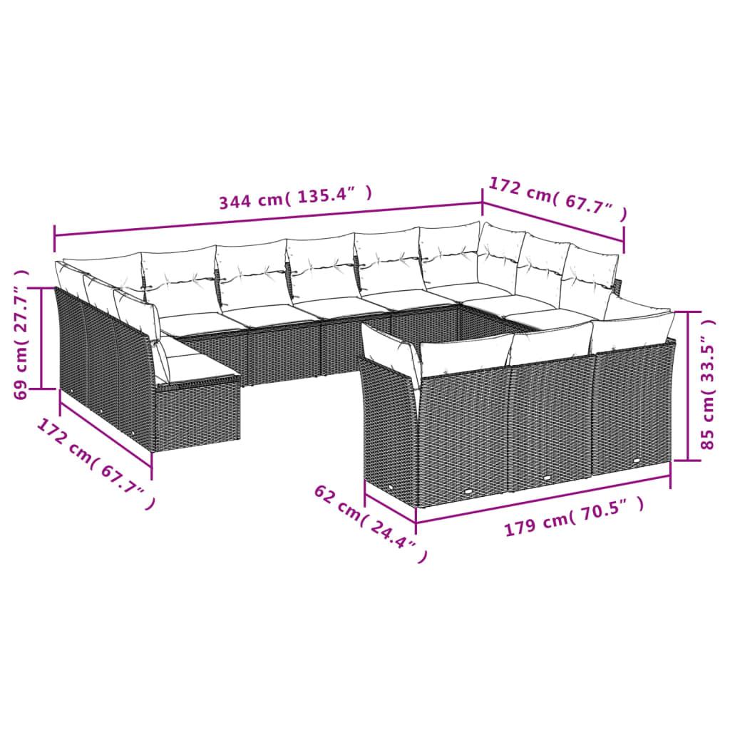 13-delige Loungeset met kussens poly rattan lichtgrijs