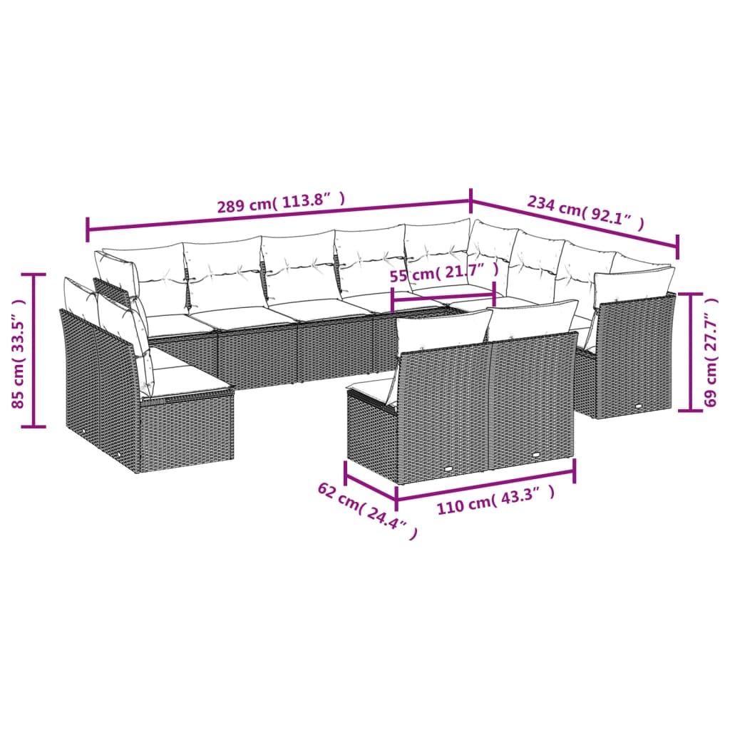 13-delige Loungeset met kussens poly rattan grijs