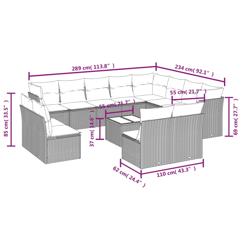 13-delige Loungeset met kussens poly rattan grijs