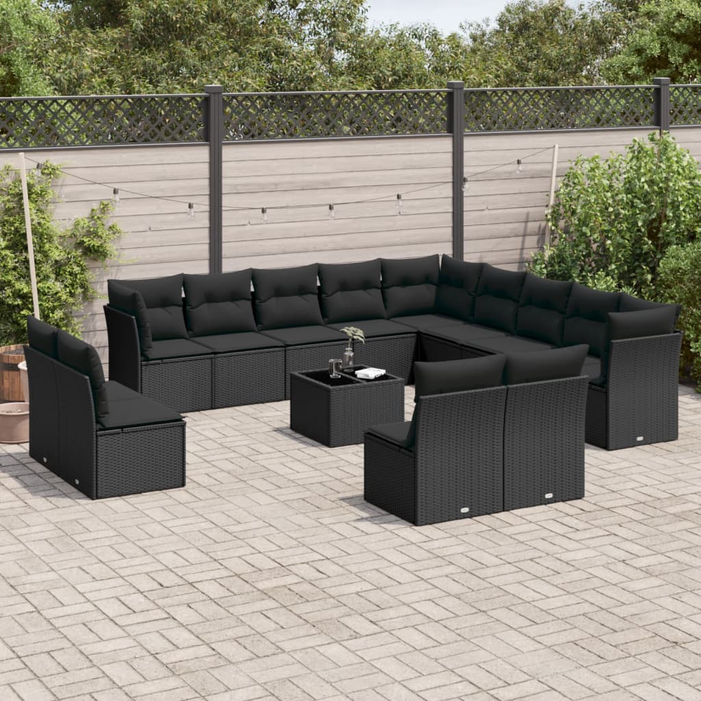 14-delige Loungeset met kussens poly rattan zwart