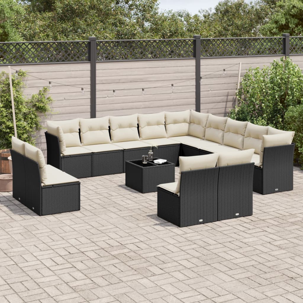 14-delige Loungeset met kussens poly rattan zwart