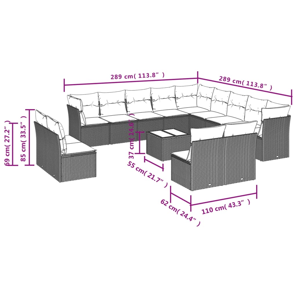 14-delige Loungeset met kussens poly rattan zwart