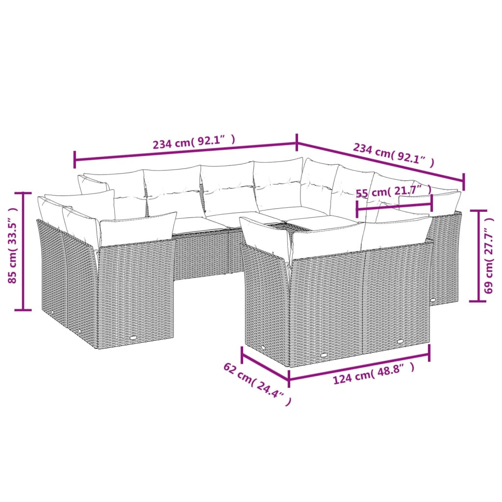 12-delige Loungeset met kussens poly rattan