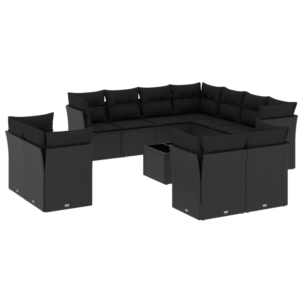 11-delige Loungeset met kussens poly rattan zwart