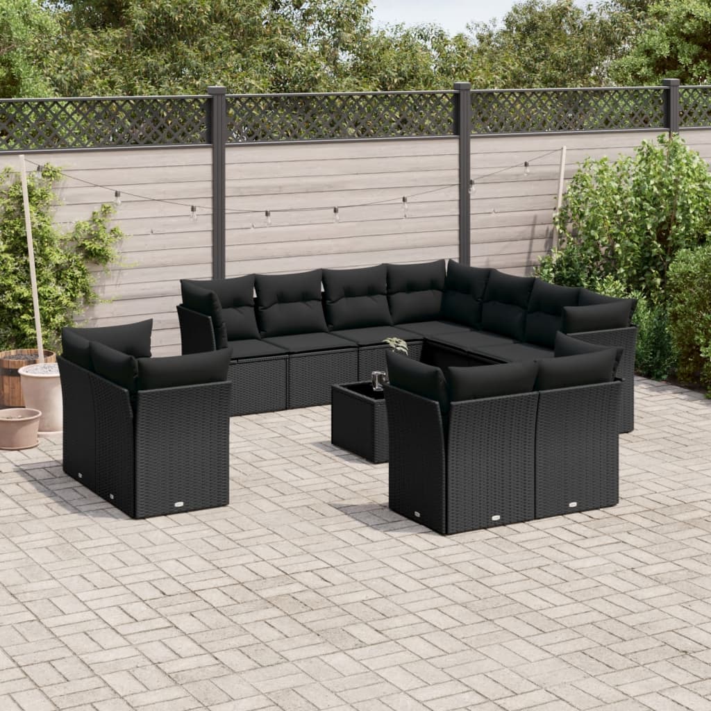 11-delige Loungeset met kussens poly rattan zwart