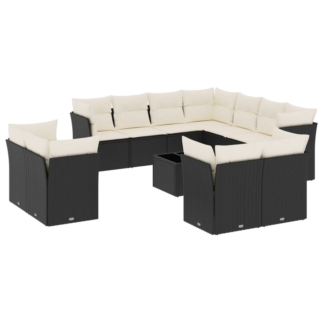 11-delige Loungeset met kussens poly rattan zwart