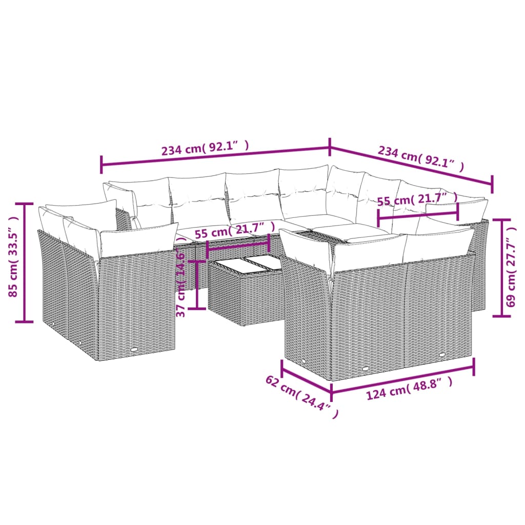 11-delige Loungeset met kussens poly rattan zwart