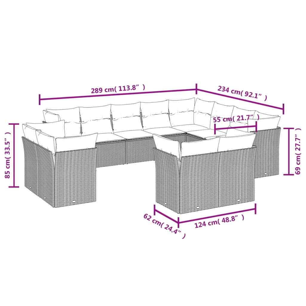 12-delige Loungeset met kussens poly rattan lichtgrijs