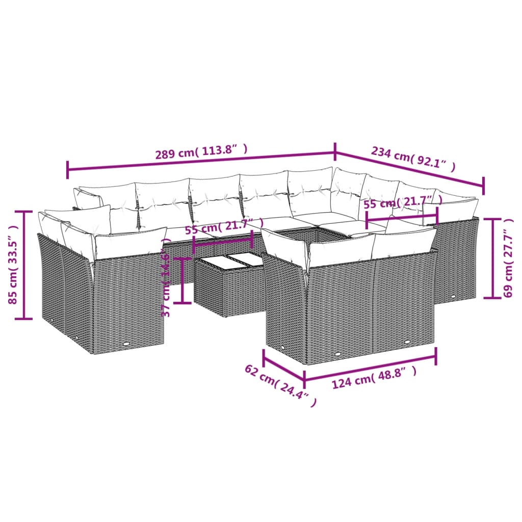 12-delige Loungeset met kussens poly rattan lichtgrijs