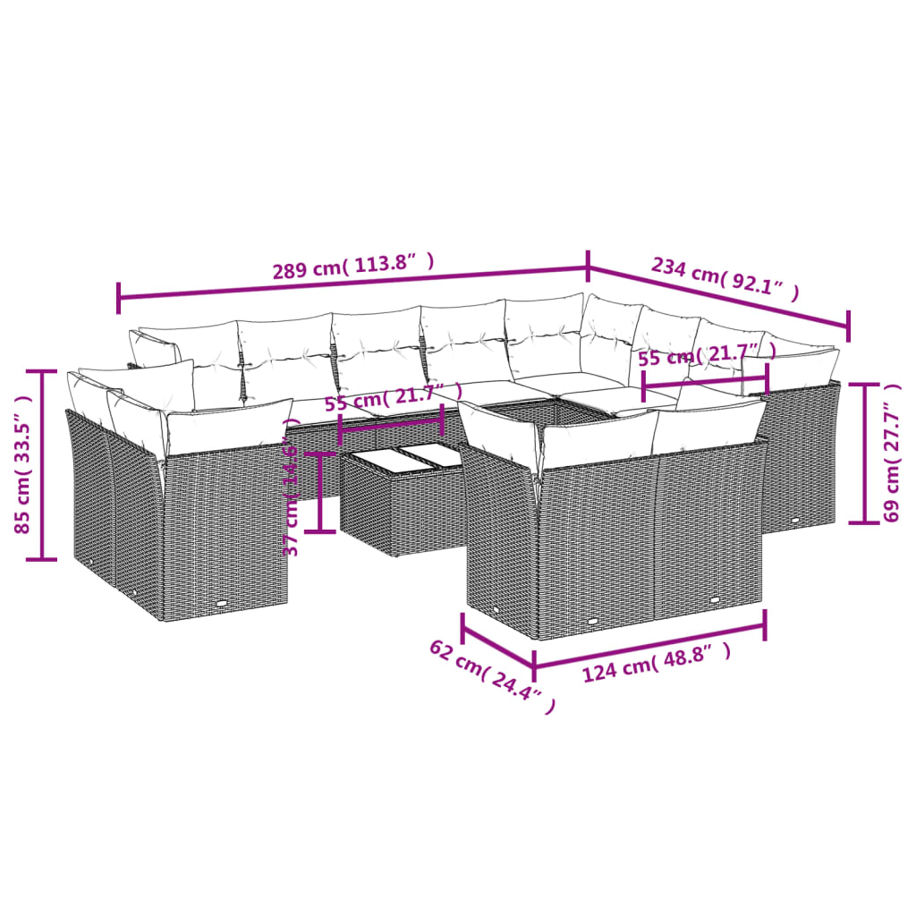 12-delige Loungeset met kussens poly rattan