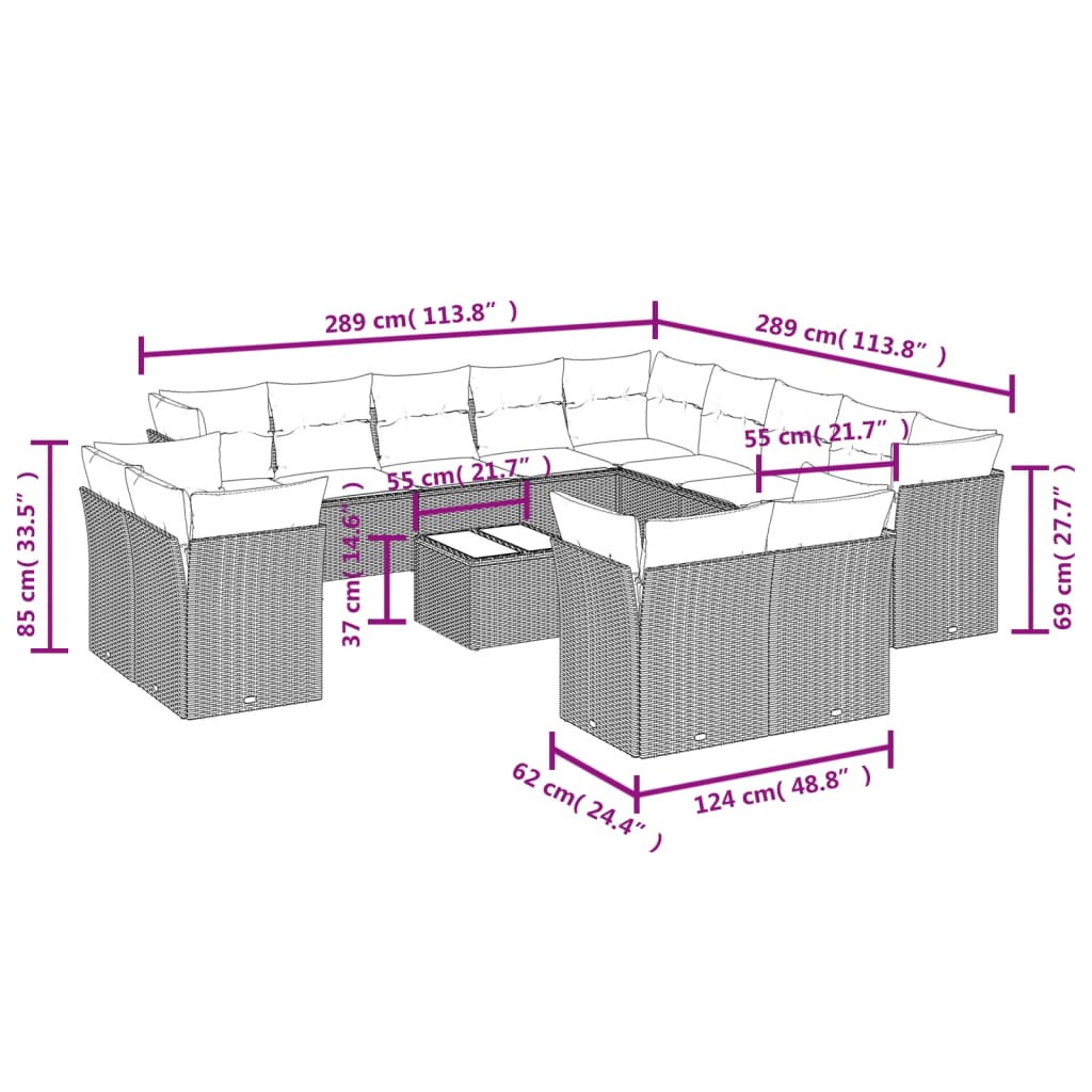 13-delige Loungeset met kussens poly rattan beige