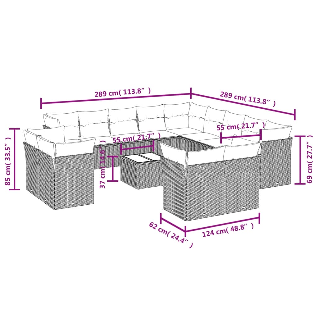 13-delige Loungeset met kussens poly rattan beige