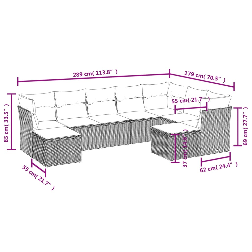 9-delige Loungeset met kussens poly rattan