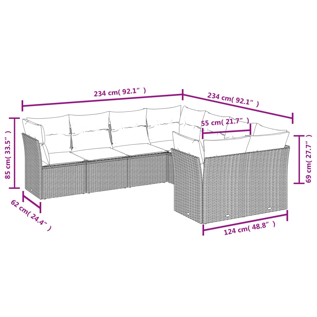 8-delige Loungeset met kussens poly rattan