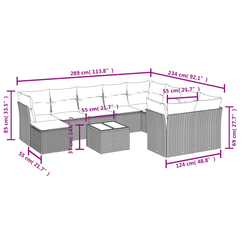 11-delige Loungeset met kussens poly rattan lichtgrijs