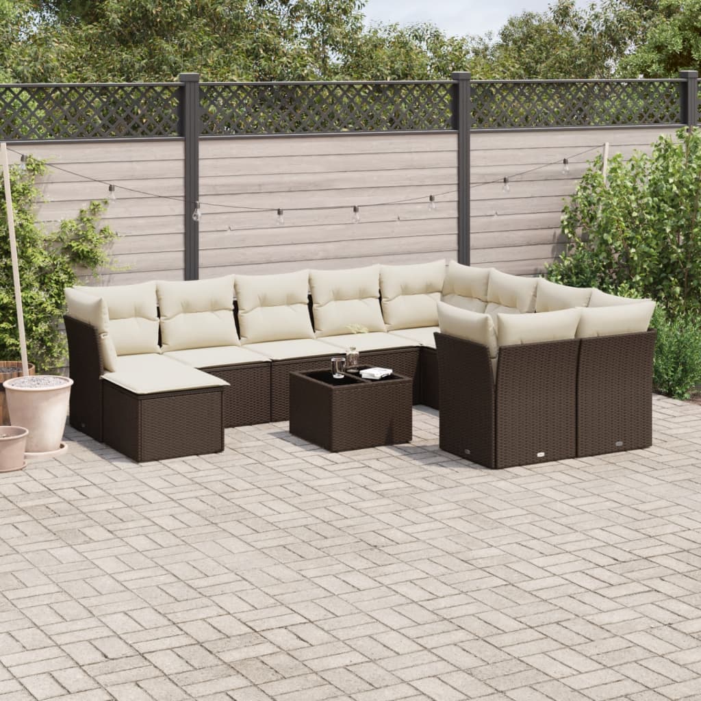 11-delige Loungeset met kussens poly rattan bruin