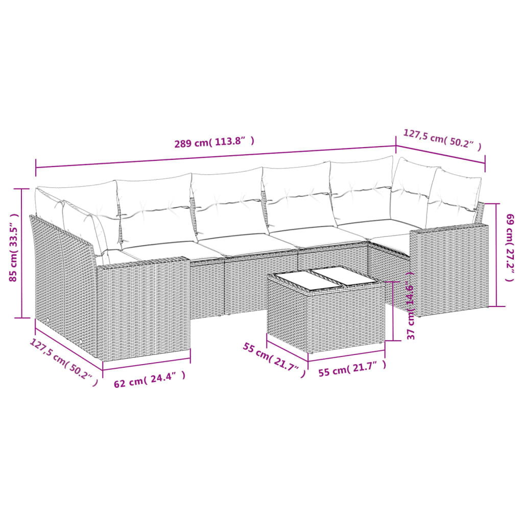 8-delige Loungeset met kussens poly rattan