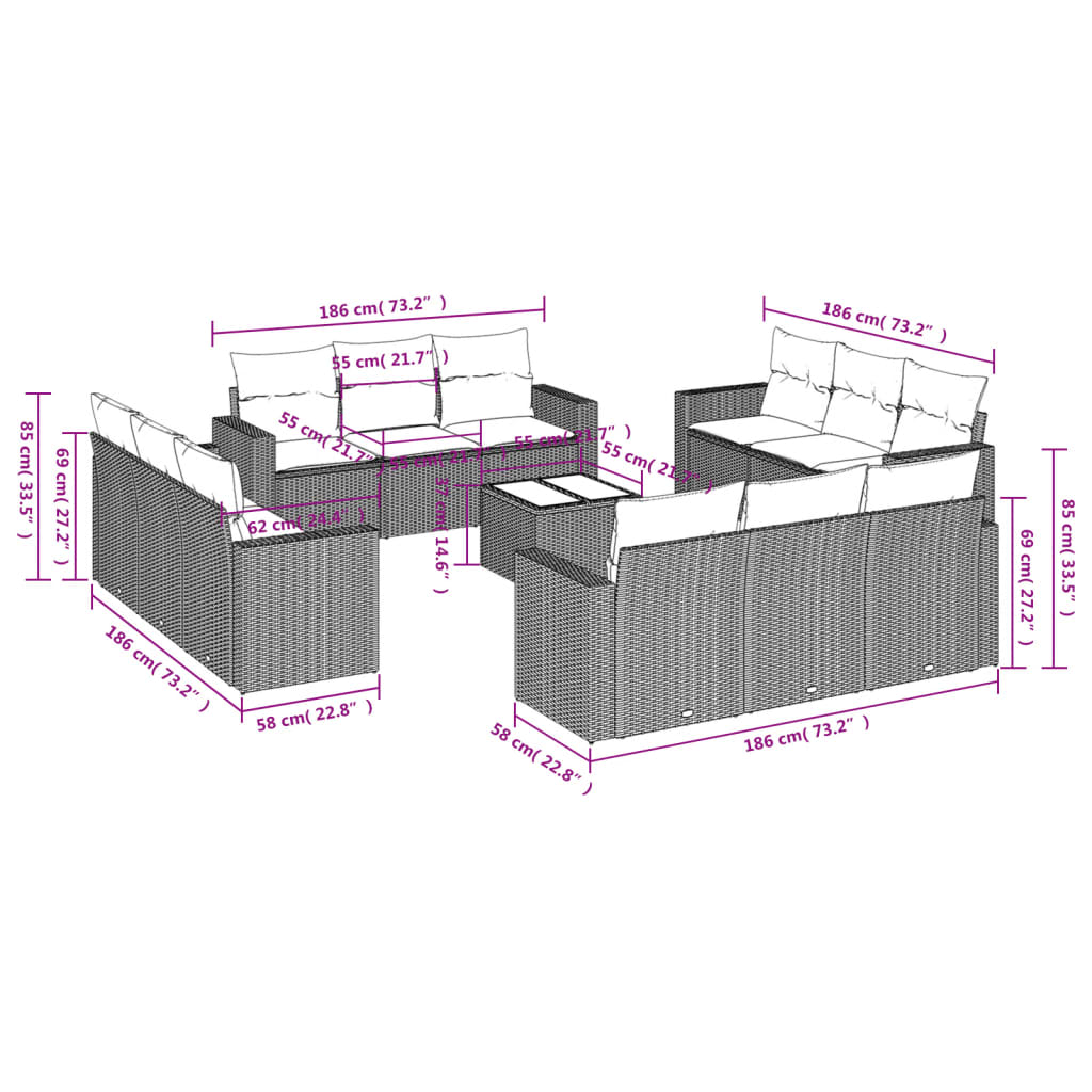 13-delige Loungeset met kussens poly rattan