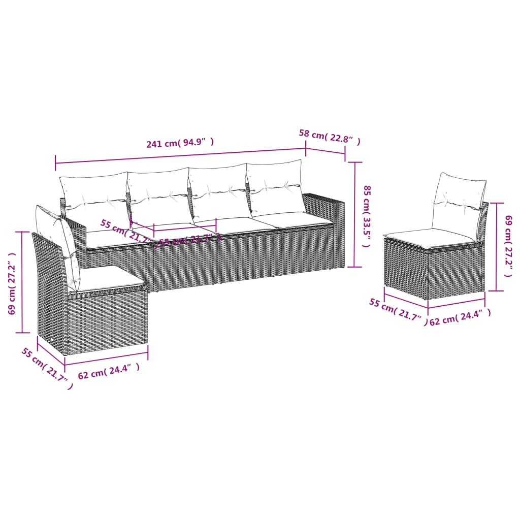 7-delige Loungeset met kussens poly rattan