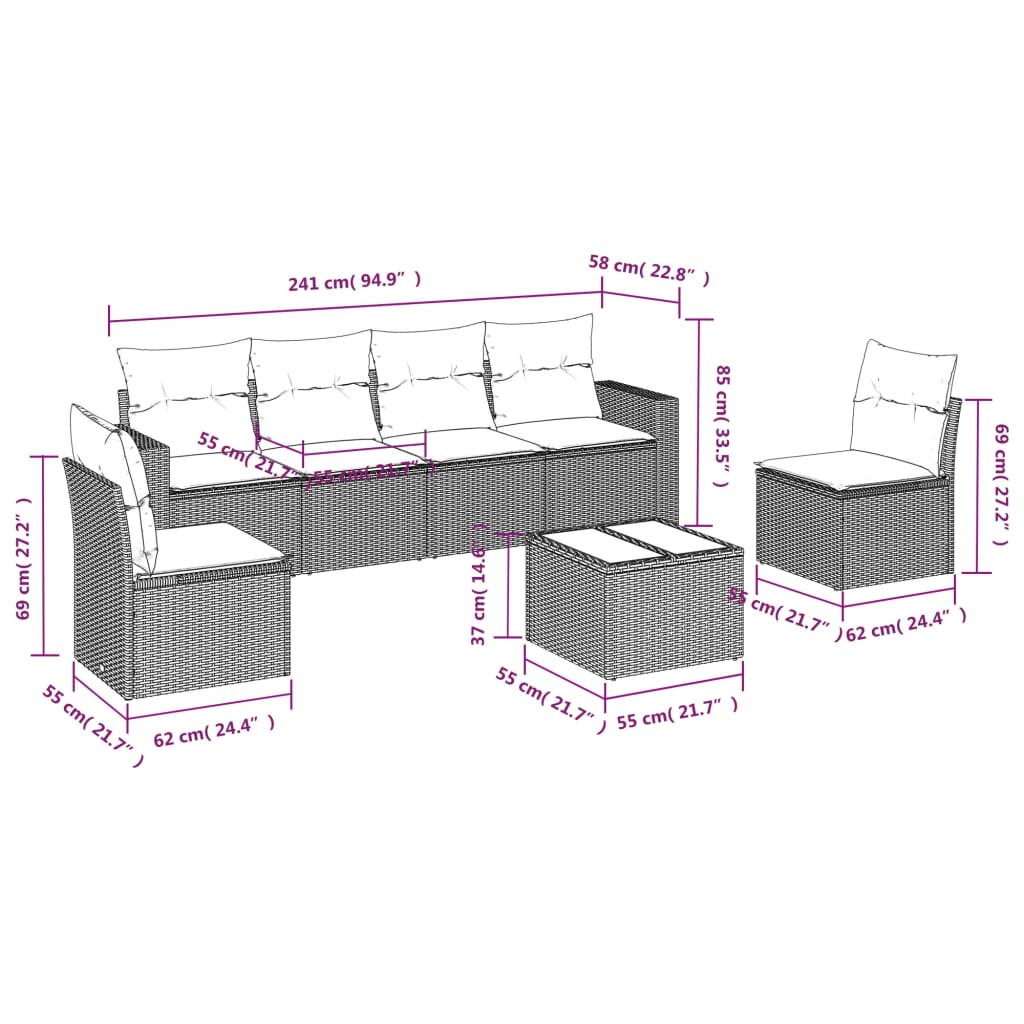 7-delige Loungeset met kussens poly rattan