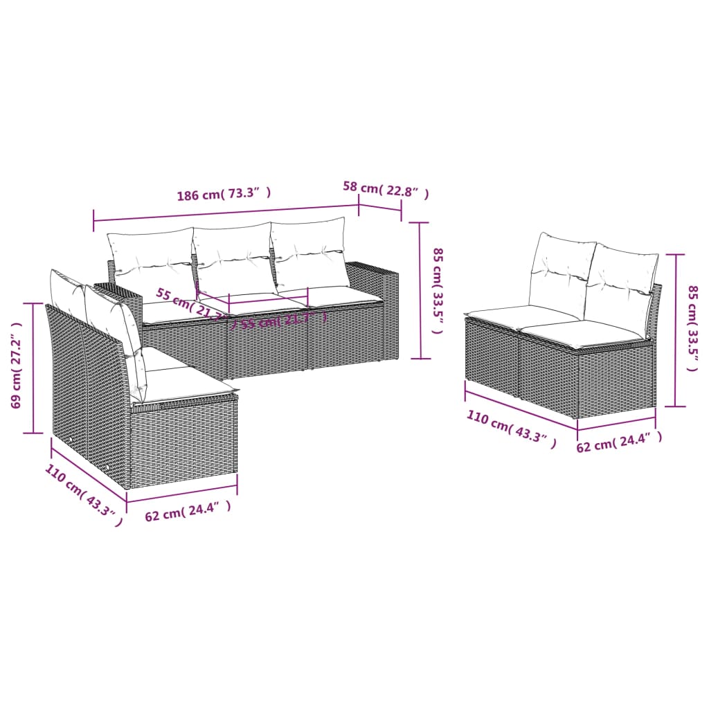 7-delige Loungeset met kussens poly rattan