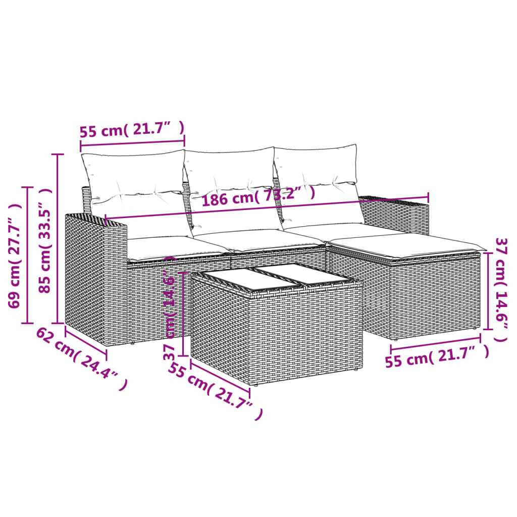 4-delige Loungeset met kussens poly rattan