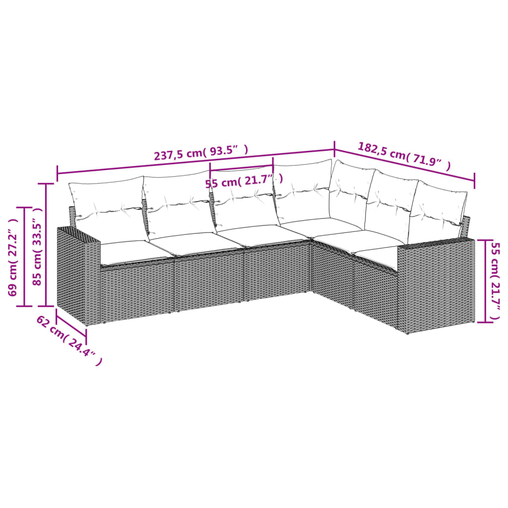 6-delige Loungeset met kussens poly rattan