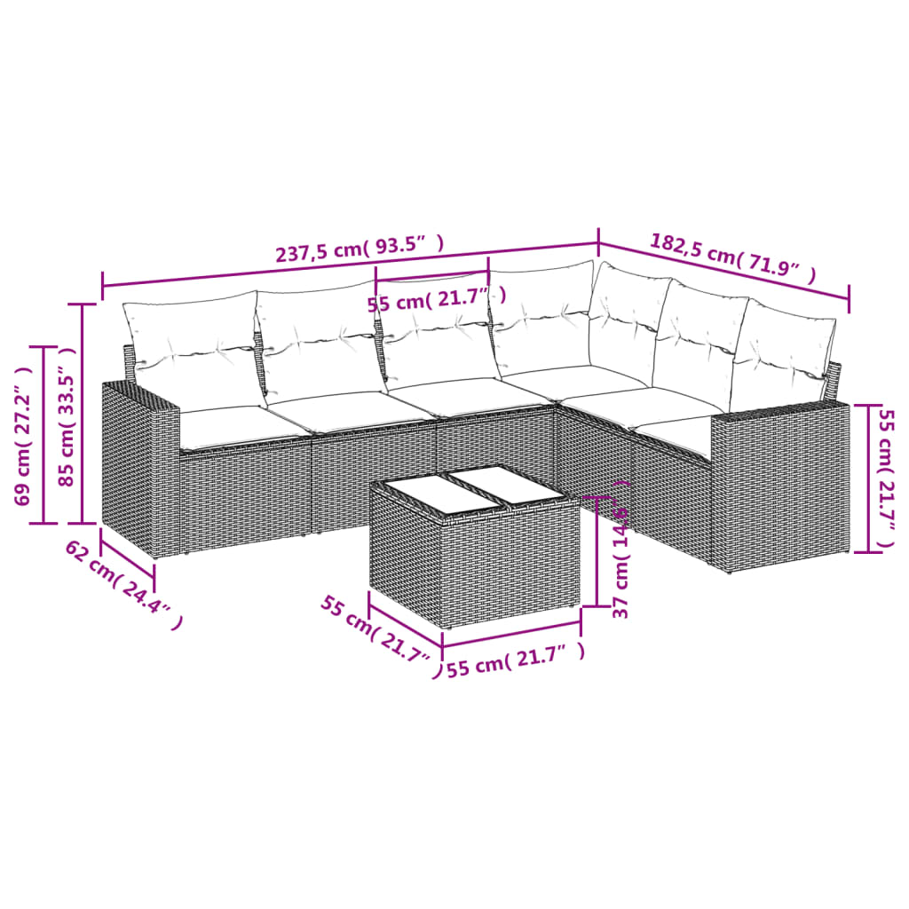 6-delige Loungeset met kussens poly rattan