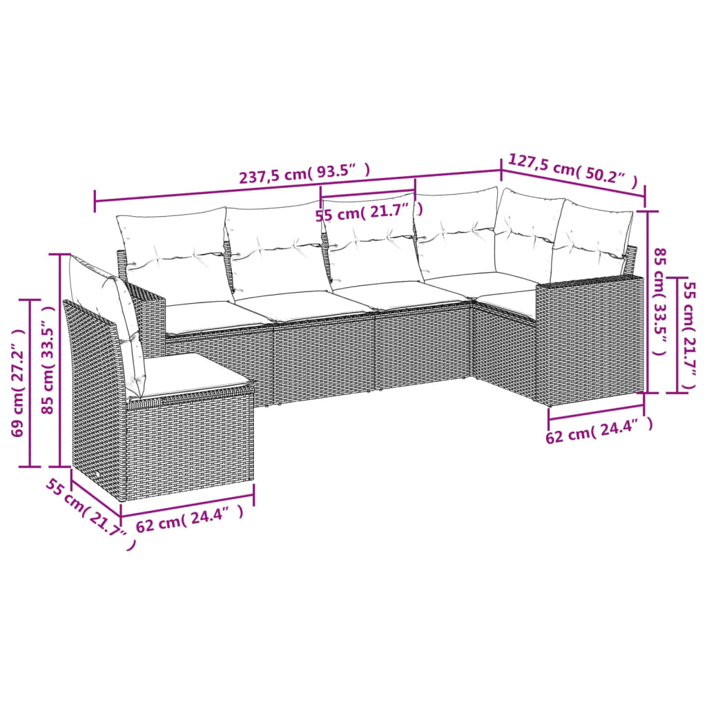 6-delige Loungeset met kussens poly rattan