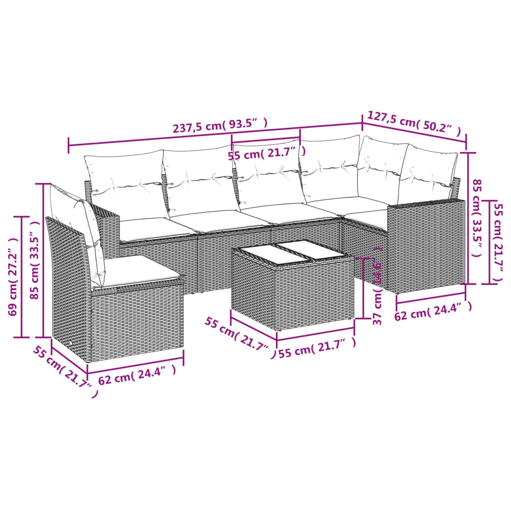 6-delige Loungeset met kussens poly rattan