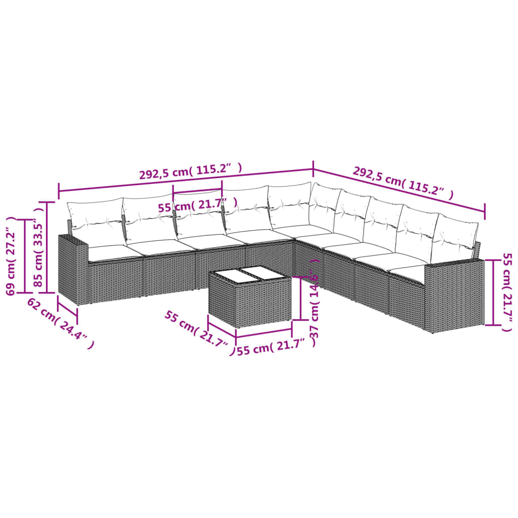 10-delige Loungeset met kussens poly rattan beige