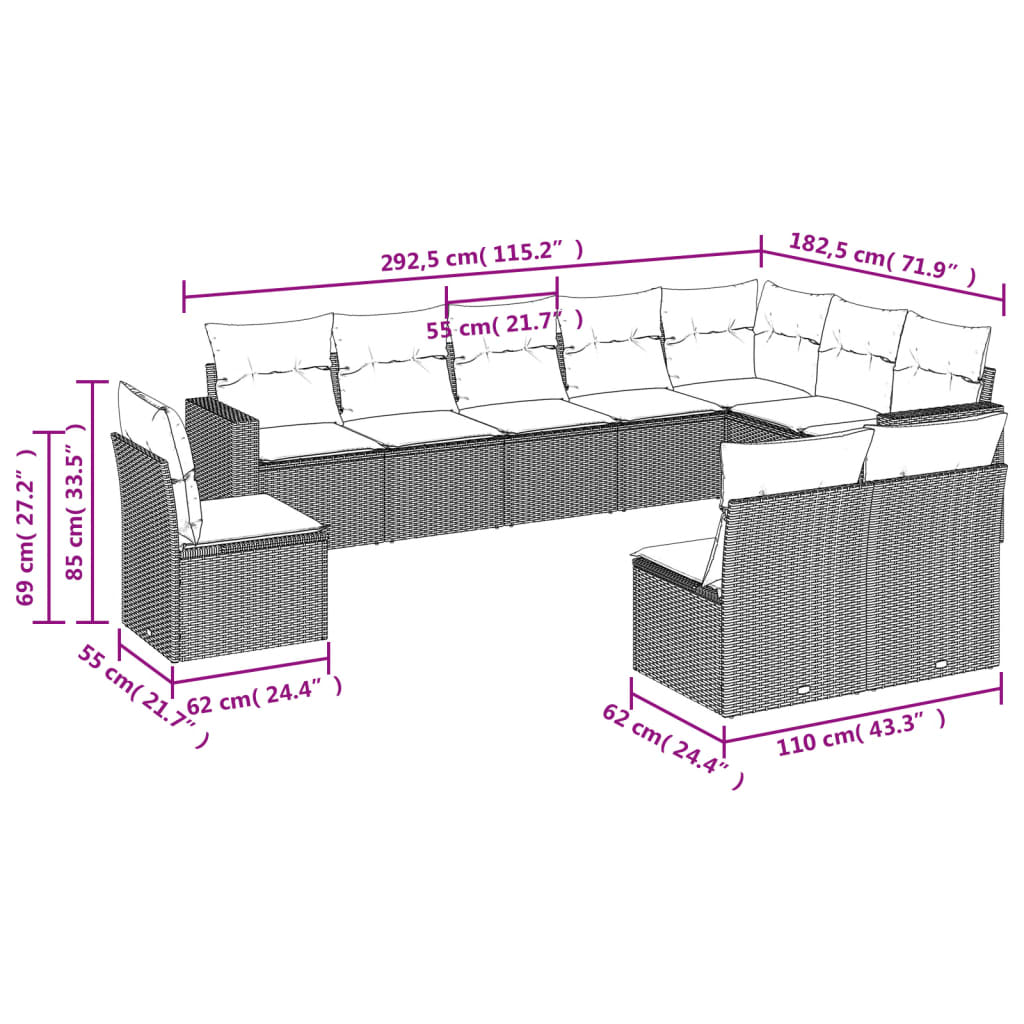 10-delige Loungeset met kussens poly rattan