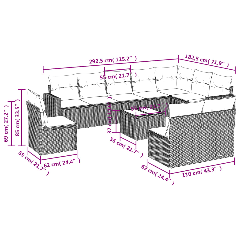 10-delige Loungeset met kussens poly rattan