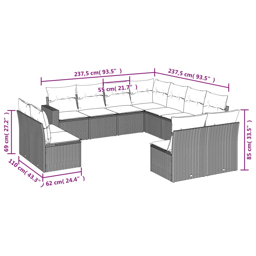 12-delige Loungeset met kussens poly rattan beige