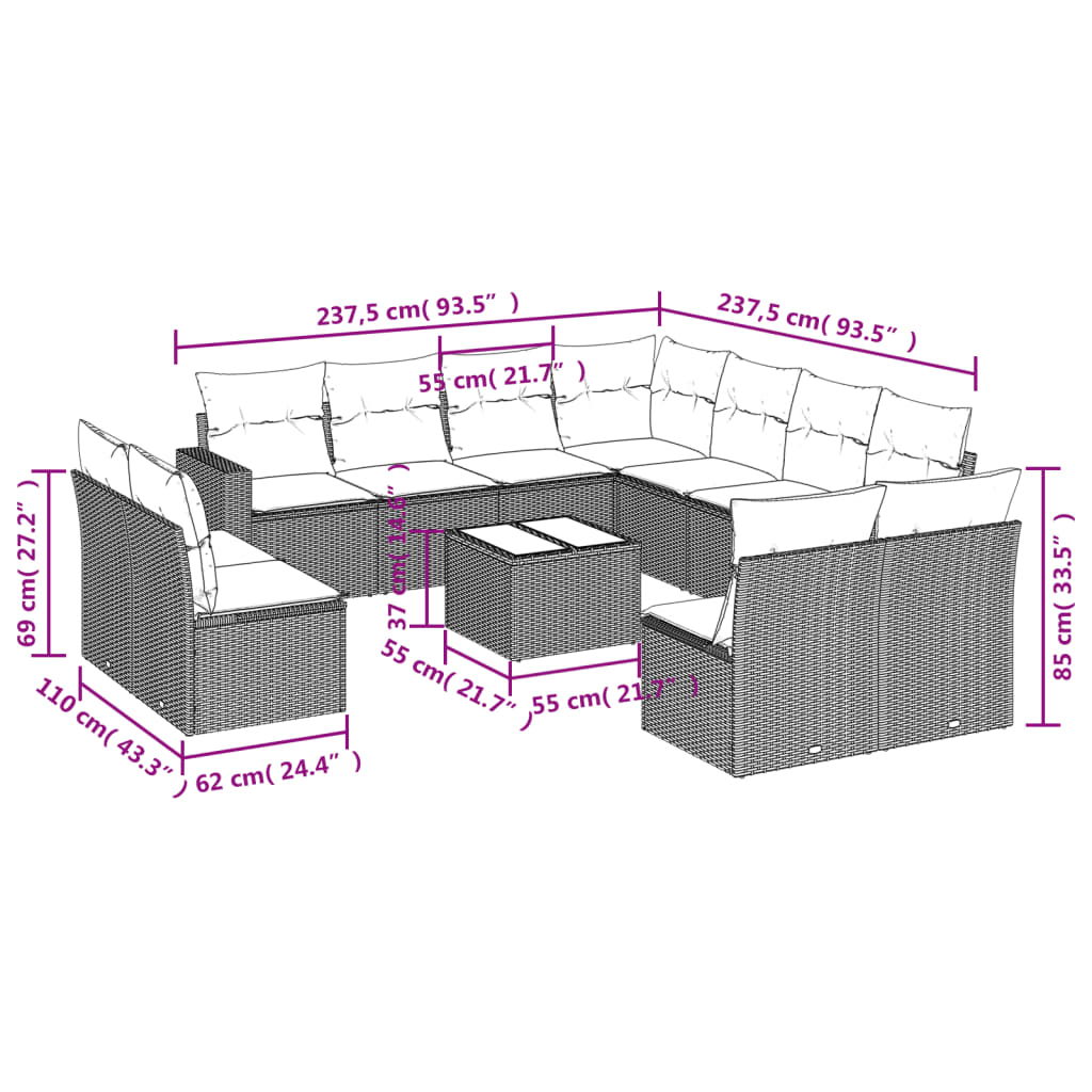 12-delige Loungeset met kussens poly rattan