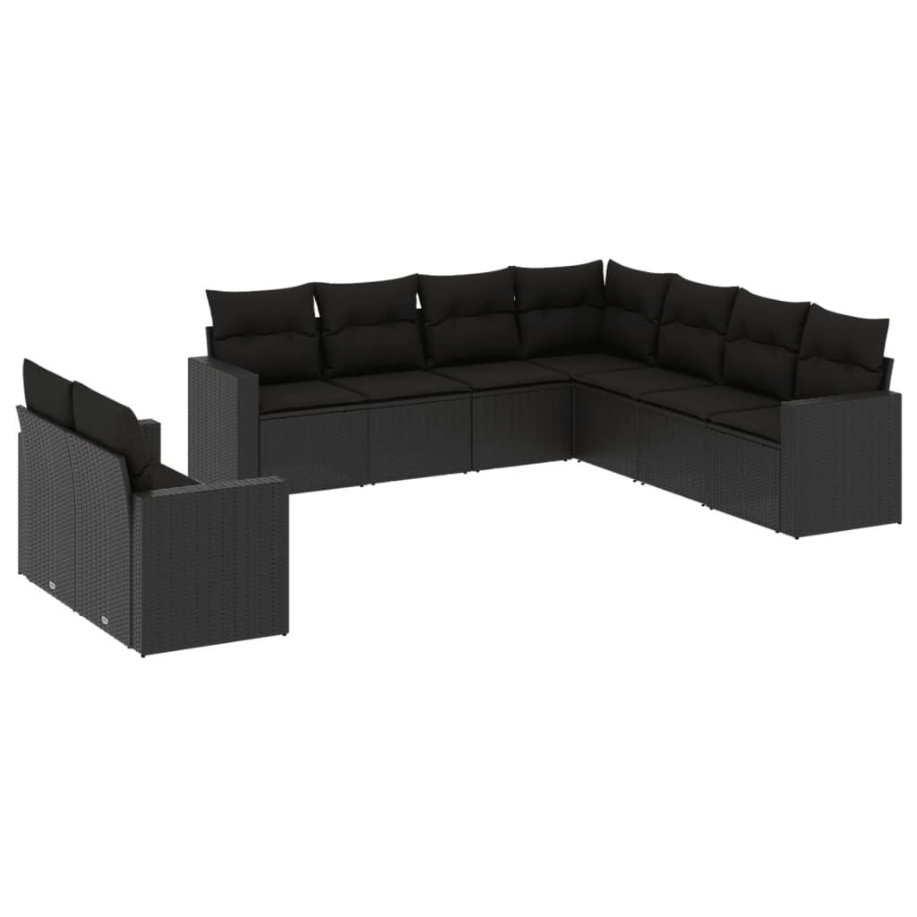 10-delige Loungeset met kussens poly rattan zwart